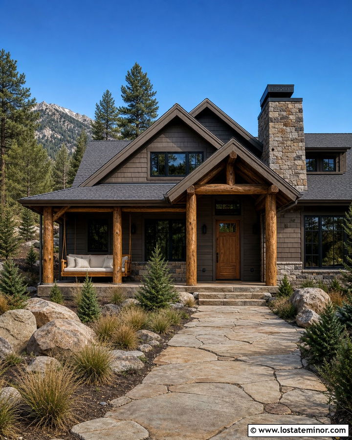 Taupe Mountain House With Log Swing - 30 Taupe House Design With Swing Ideas