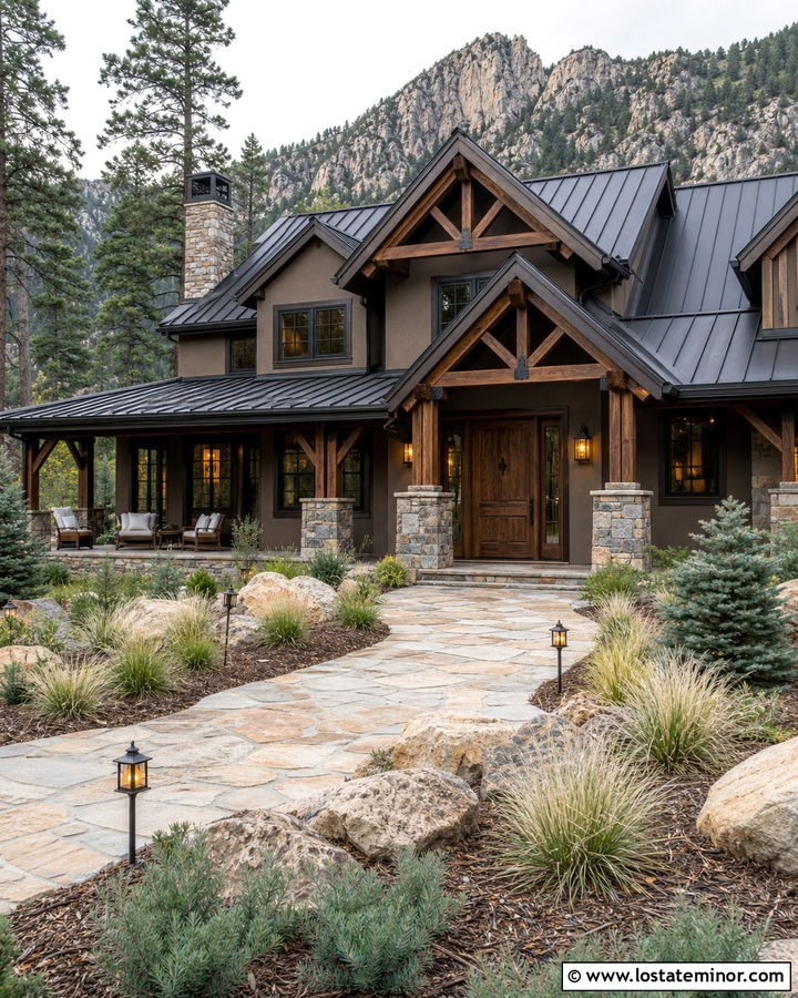 Taupe Mountain House With Stone And Uplighting - 30 Taupe House Design With Lighting Ideas