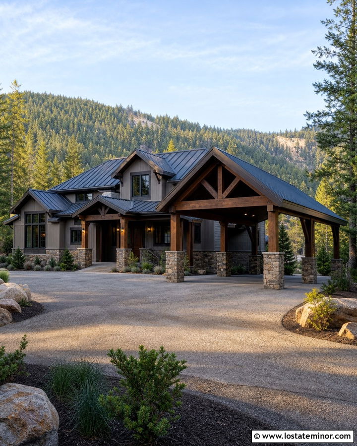 Taupe Mountain House With Stone Carport - 30 Taupe House Design With Carport Ideas
