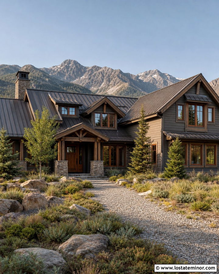 Taupe Mountain House With Wood Window Frames - 30 Taupe House Design With Window Frames Ideas