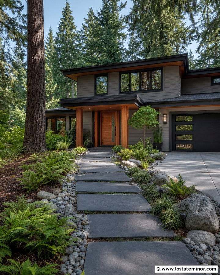 Taupe Northwest House With Basalt Walkway - 30 Taupe House Design With Walkway Ideas