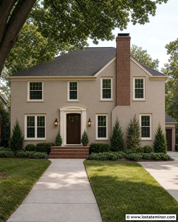 Taupe Painted Brick House With Natural Brick Chimney - 30 Taupe House Design With Chimney Ideas