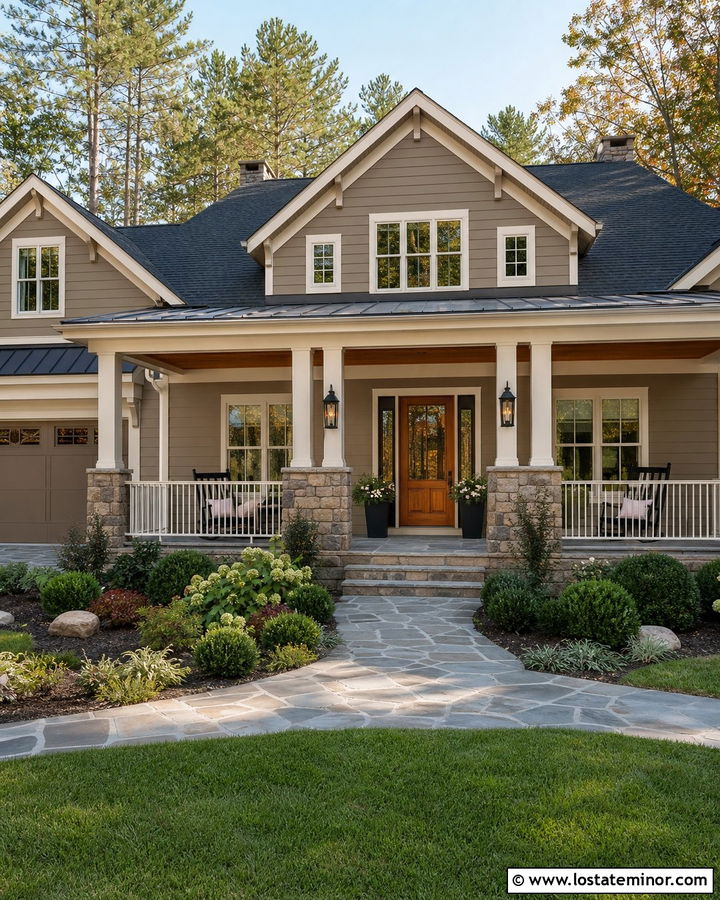 Taupe Porch House With Natural Wood Storm Door - 30 Taupe House Design With Storm Door Ideas