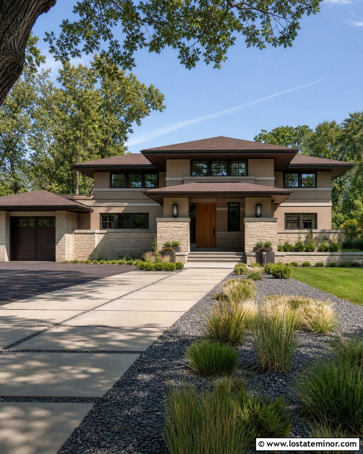 Taupe Prairie House With Black Cage Lights - 30 Taupe House Design With Light Fixtures Ideas