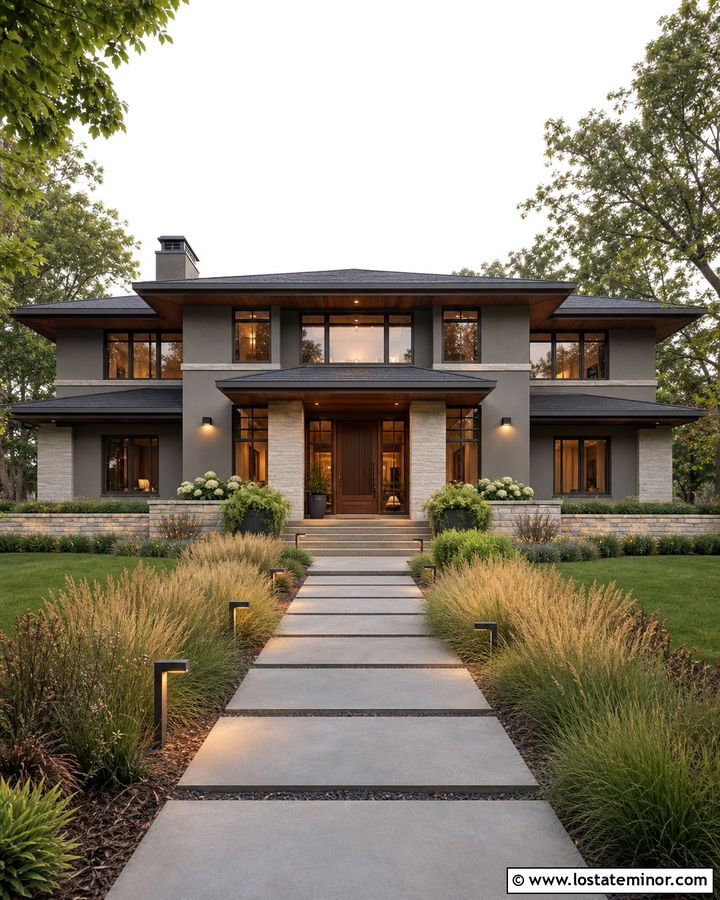 Taupe Prairie House With Horizontal Lighting - 30 Taupe House Design With Lighting Ideas