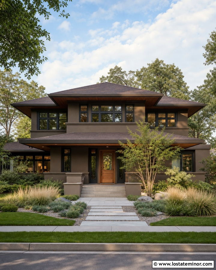 Taupe Prairie House With Horizontal Planting Beds - 30 Taupe House Design With Front Yard Ideas