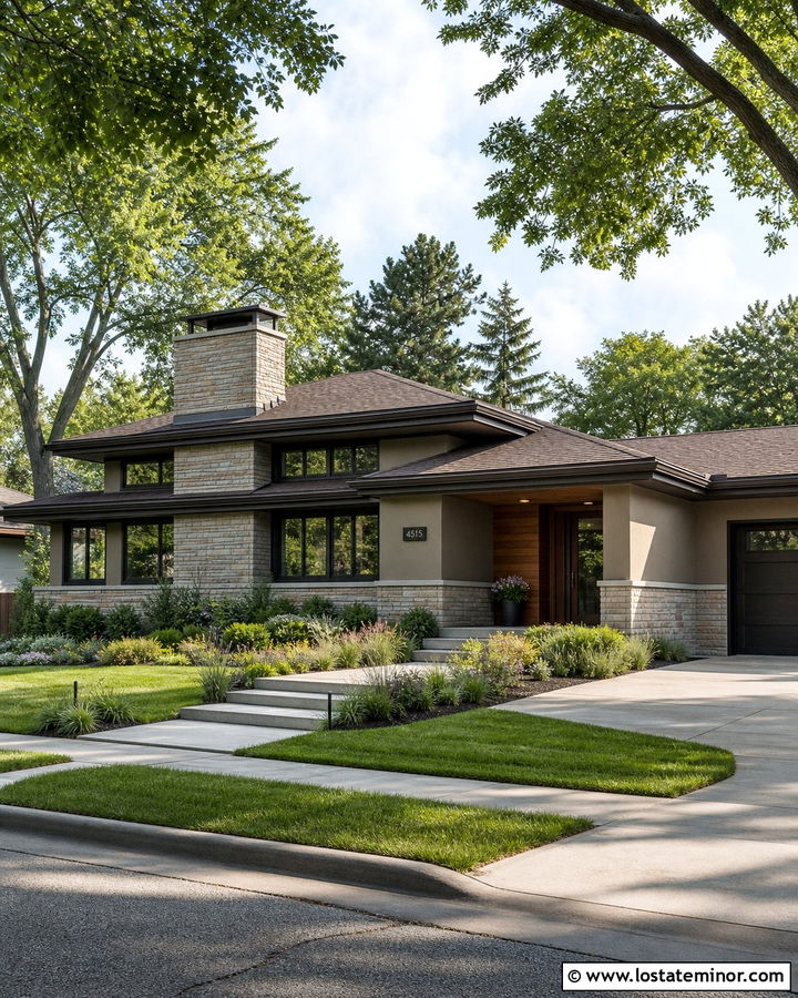 Taupe Prairie House With Horizontal Stone - 30 Taupe House Design With Stone Accents Ideas