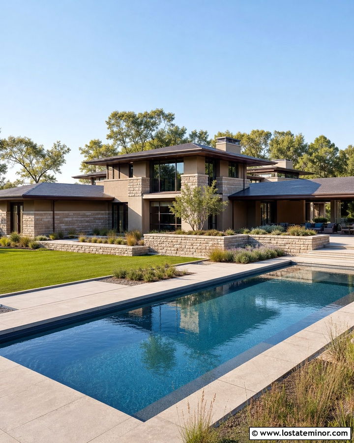 Taupe Prairie House With Linear Pool - 30 Taupe House Design With Swimming Pool Ideas