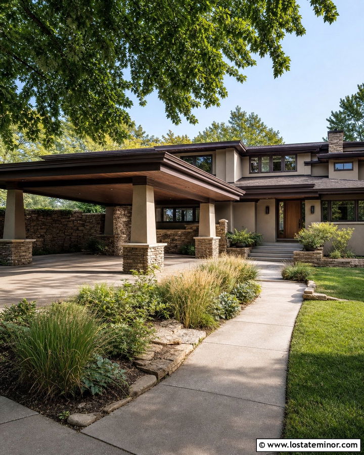 Taupe Prairie House With Low Roof Carport - 30 Taupe House Design With Carport Ideas