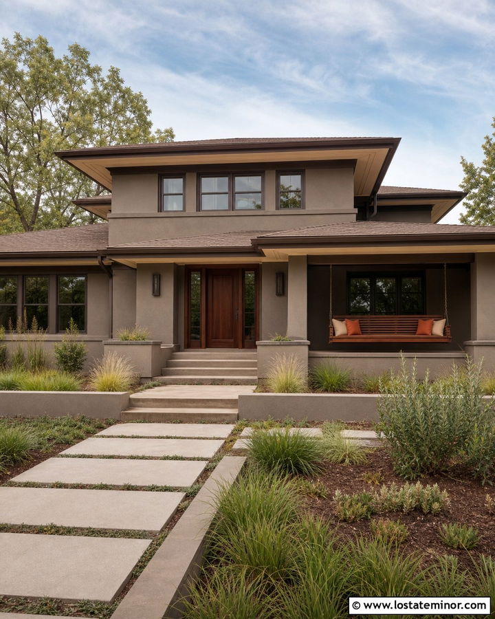 Taupe Prairie House With Slatted Swing - 30 Taupe House Design With Swing Ideas