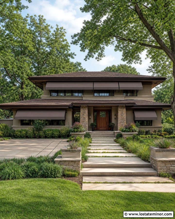 Taupe Prairie House With Wide Window Awnings - 30 Taupe House Design With Awning Ideas