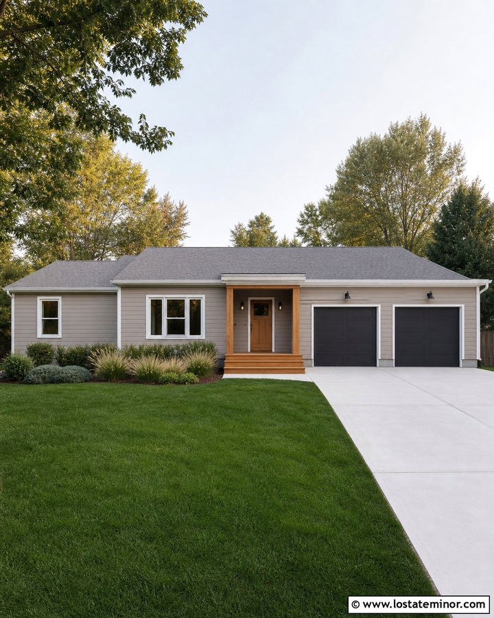 Taupe Rambler With Wood Porch And Step Lights - 30 Taupe House Design With Lighting Ideas