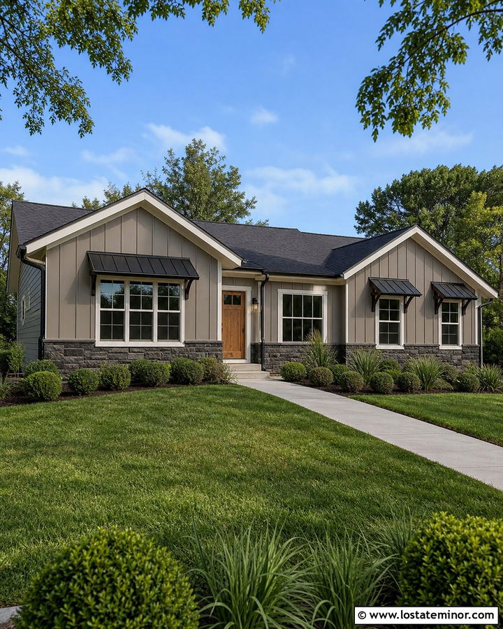 Taupe Ranch House With Black Metal Awnings - 30 Taupe House Design With Awning Ideas