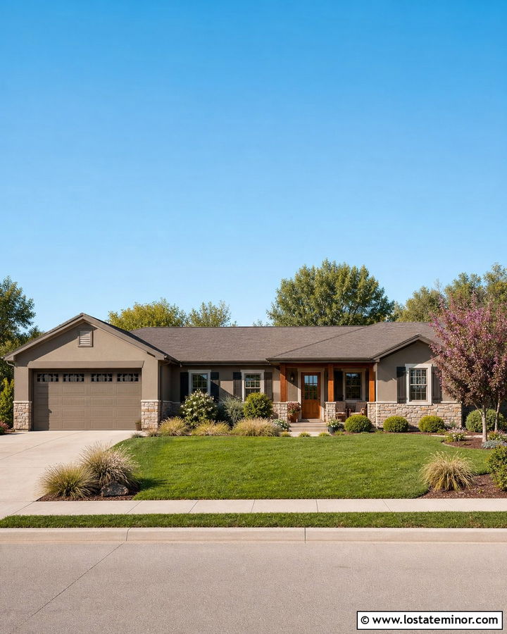 Taupe Ranch House With Brown Shutters - 30 Taupe House Design With Shutters Ideas