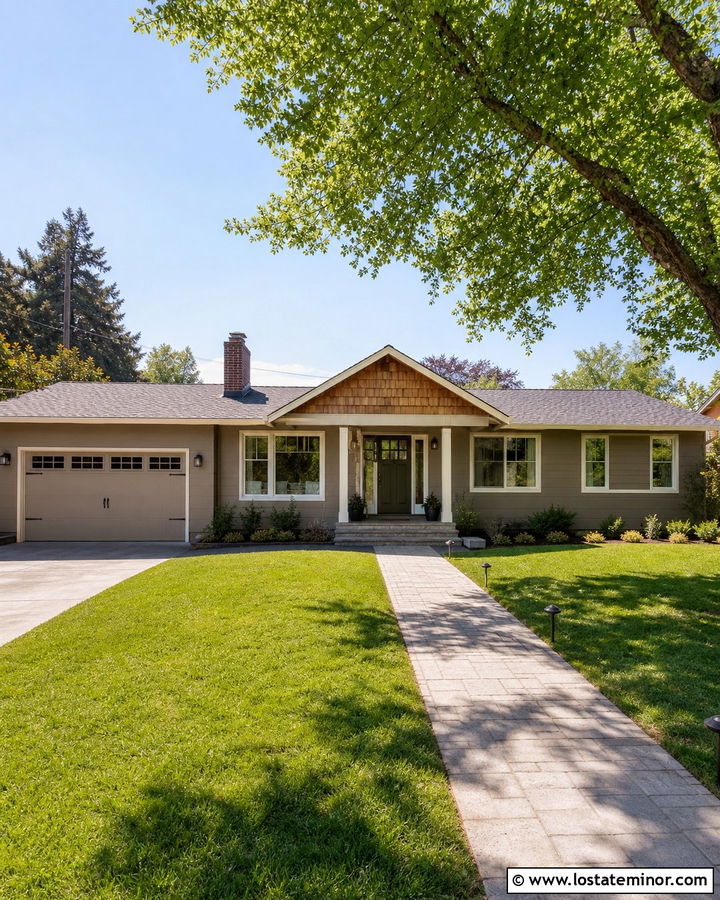 Taupe Ranch House With Cedar Shake Entry - 30 Taupe House Design With Cedar Shake Ideas