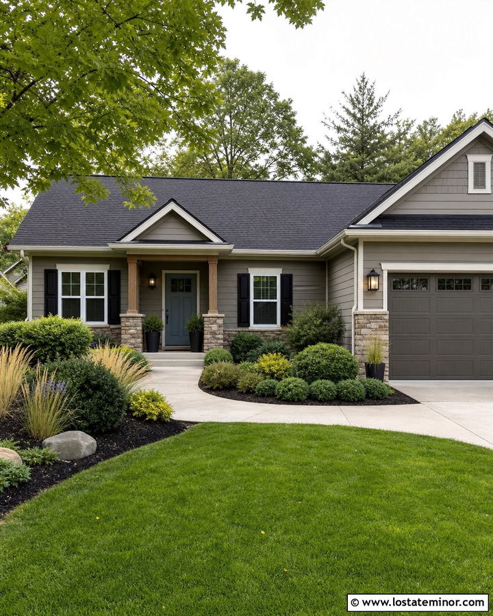 Taupe Ranch House With Charcoal Lanterns - 30 Taupe House Design With Light Fixtures Ideas