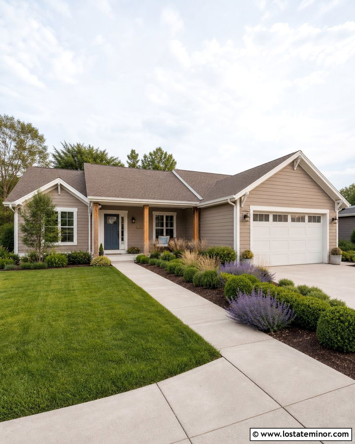 Taupe Ranch House With Concrete Walkway - 30 Taupe House Design With Walkway Ideas