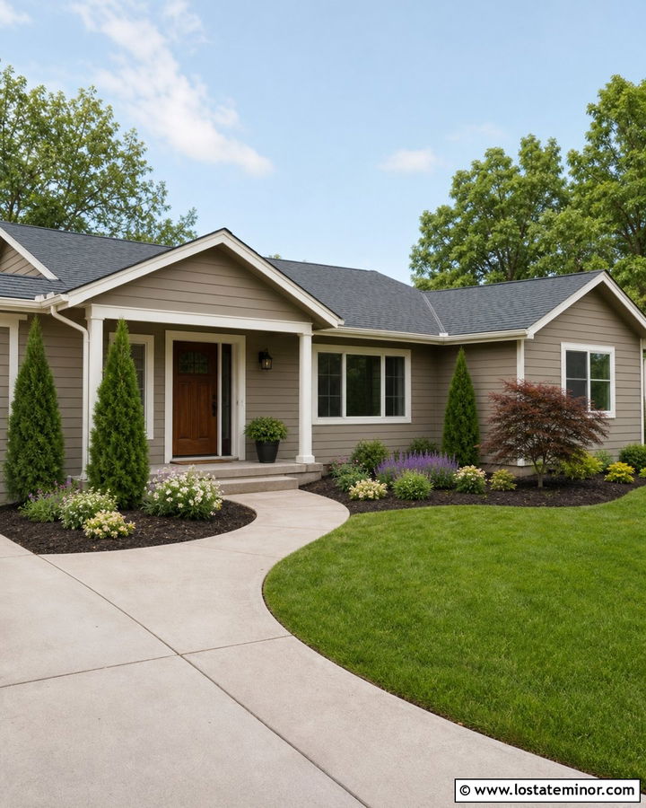 Taupe Ranch House With Curved Foundation Beds - 30 Taupe House Design With Front Yard Ideas