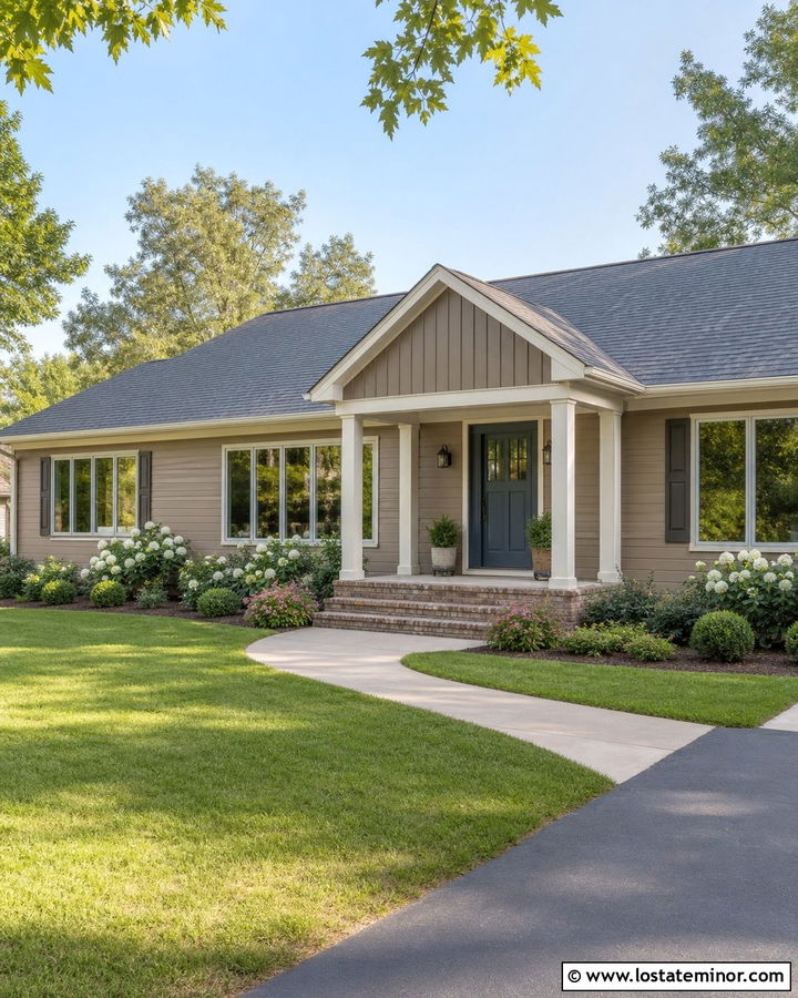 Taupe Ranch House With Front Gable Porch - 30 Taupe House Design With Gables Ideas