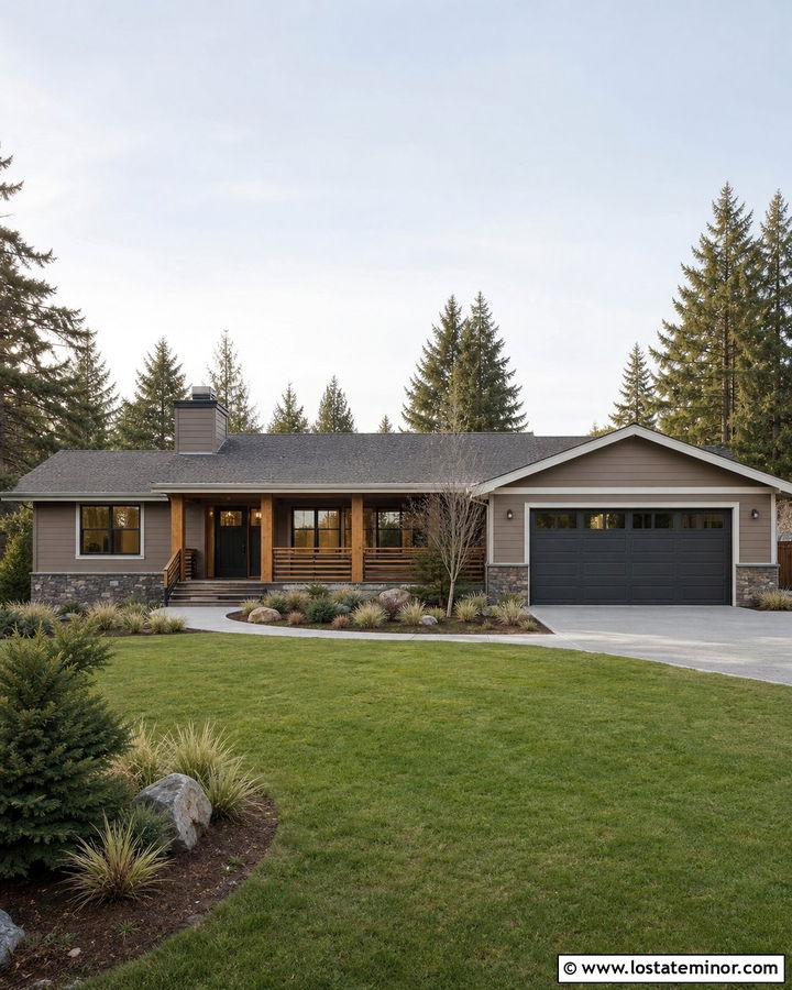 Taupe Ranch House With Horizontal Wood Railings - 30 Taupe House Design With Railings Ideas