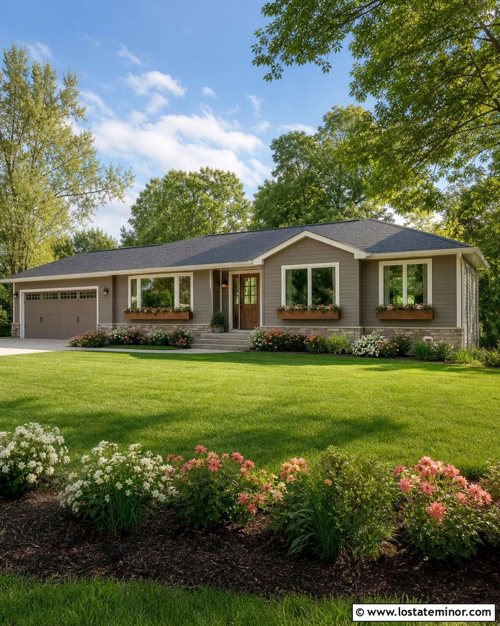 Taupe Ranch House With Long Wood Window Boxes - 30 Taupe House Design With Window Boxes Ideas