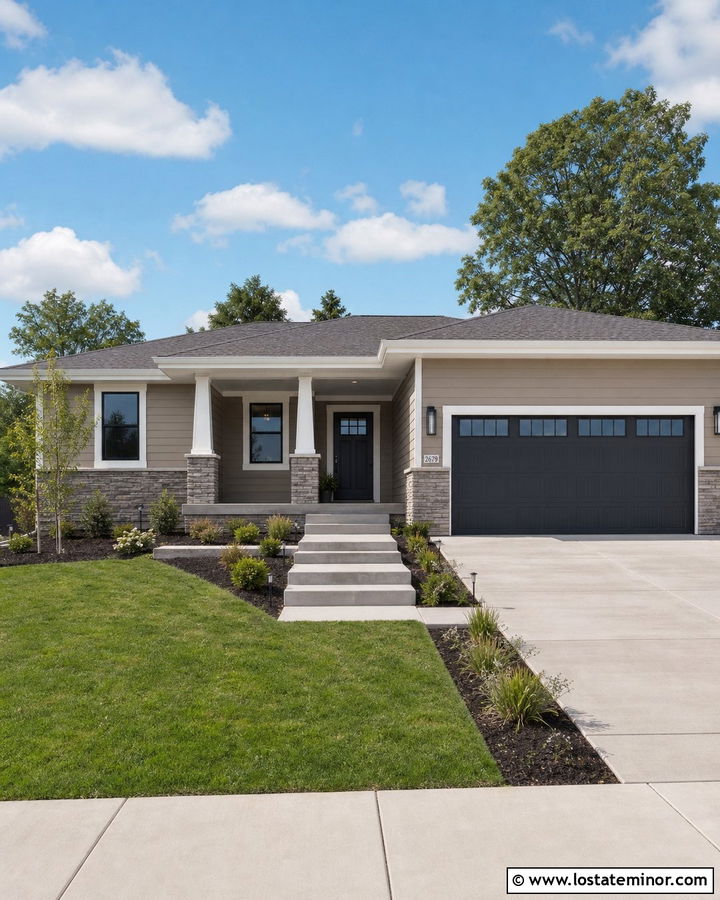 Taupe Ranch House With Pale Gray Porch Ceiling - 30 Taupe House Design With Porch Ceiling Ideas