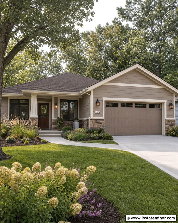 Taupe Ranch House With Seeded Glass Lanterns - 30 Taupe House Design With Light Fixtures Ideas