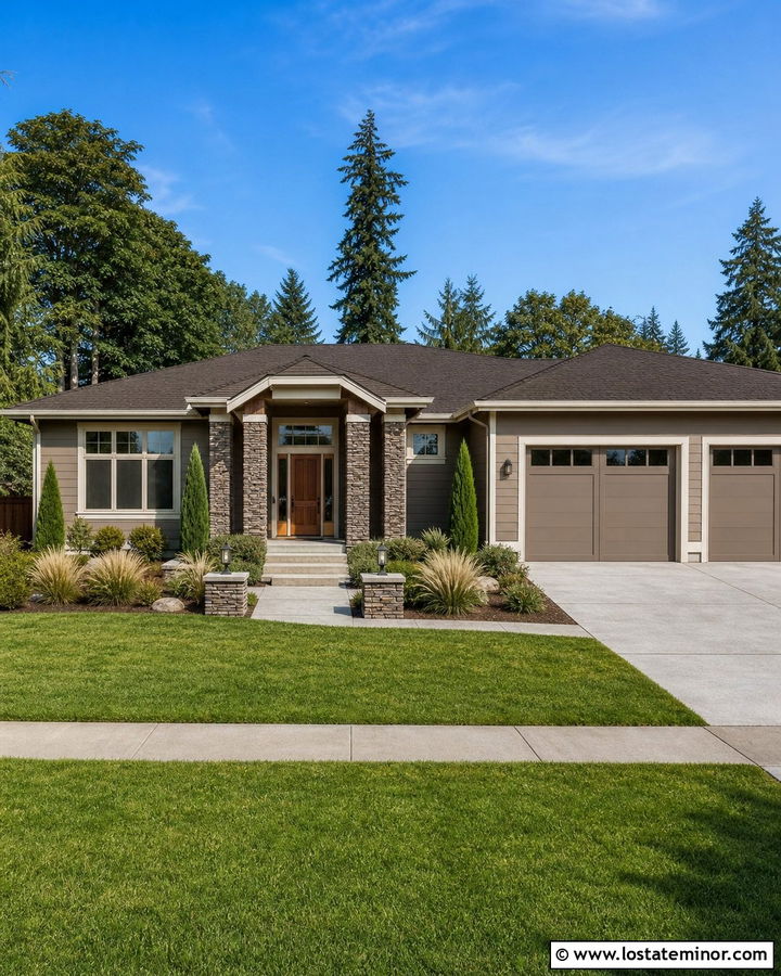 Taupe Ranch House With Stone Columns - 30 Taupe House Design With Stone Accents Ideas