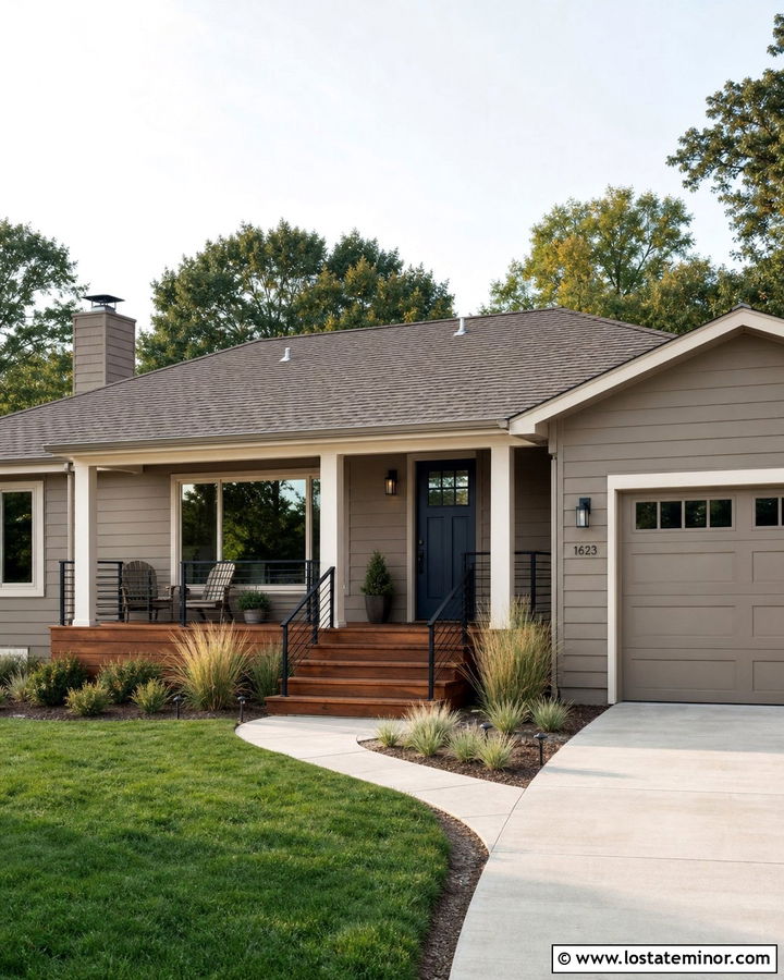Taupe Ranch House With Wide Front Deck - 30 Taupe House Design With Deck Ideas