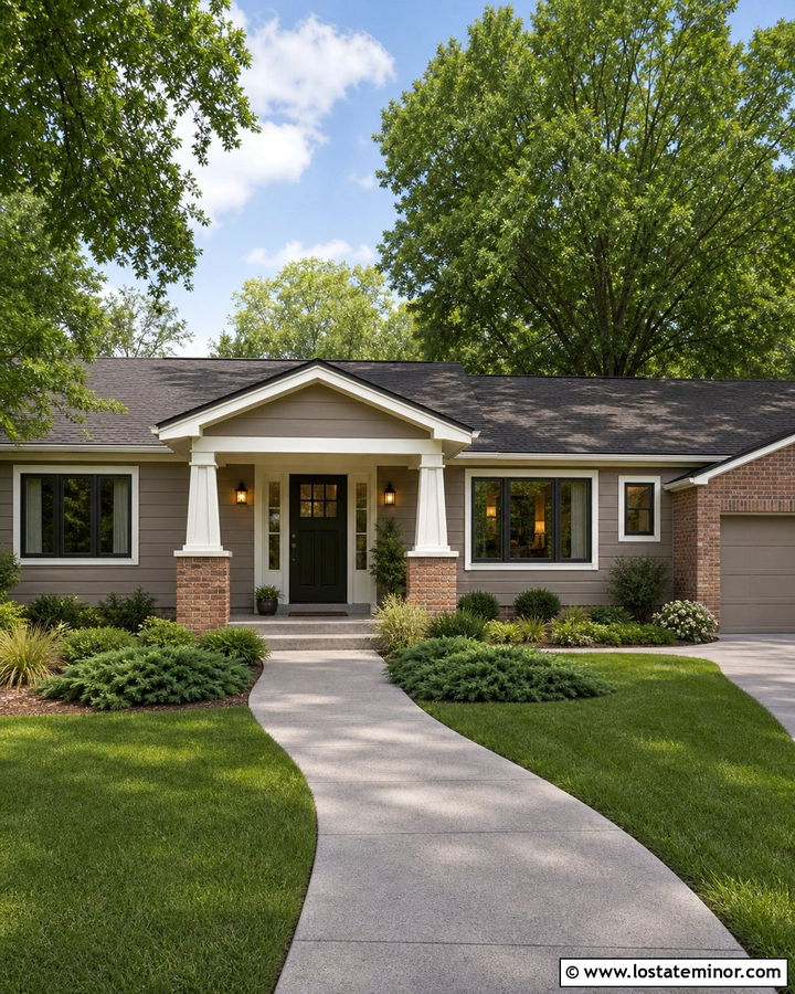 Taupe Ranch With Brick Portico Columns - 30 Taupe House Design With Portico Ideas