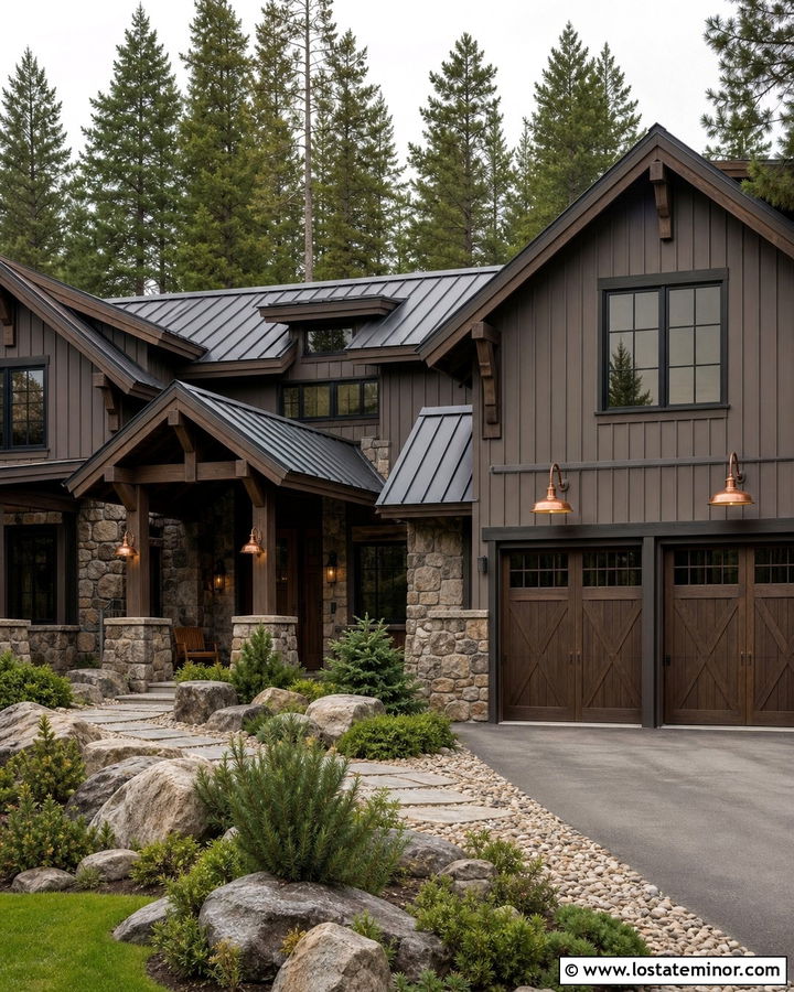Taupe Rustic House With Copper Barn Lights - 30 Taupe House Design With Light Fixtures Ideas