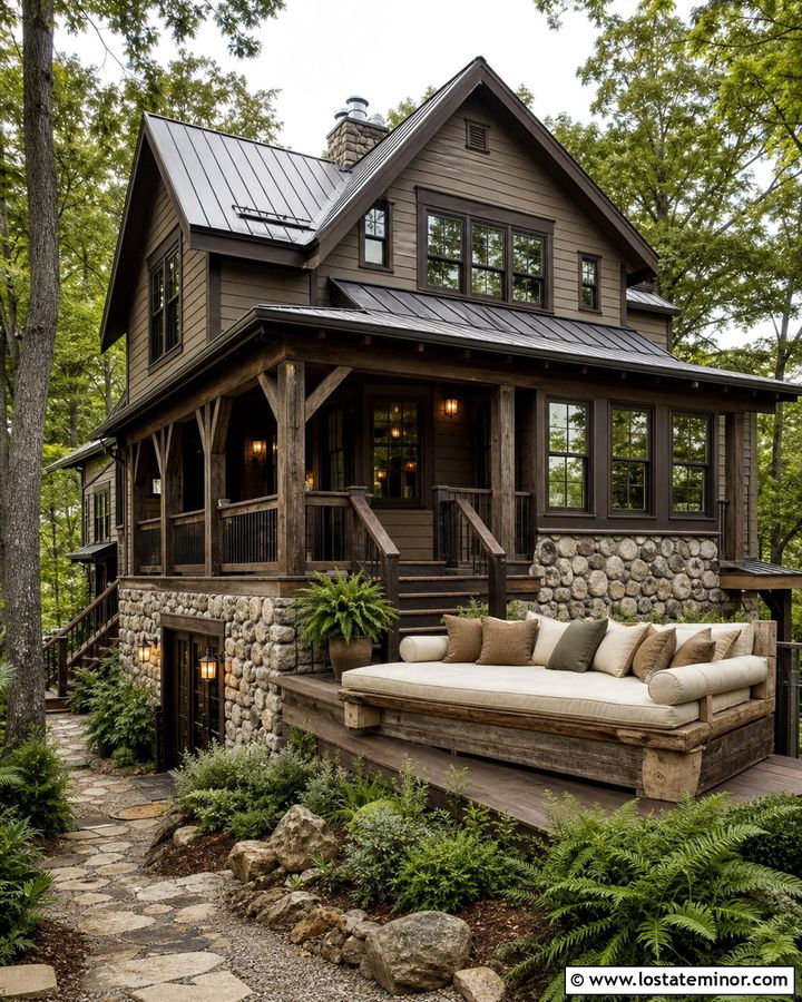Taupe Rustic House With Covered Deck Daybed - 30 Taupe House Design With Daybed Ideas