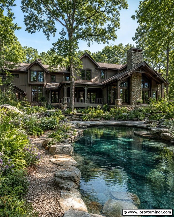 Taupe Rustic House With Natural Pool - 30 Taupe House Design With Swimming Pool Ideas