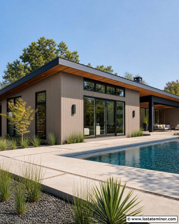 Taupe Shed Roof House With Pool Terrace - 30 Taupe House Design With Swimming Pool Ideas