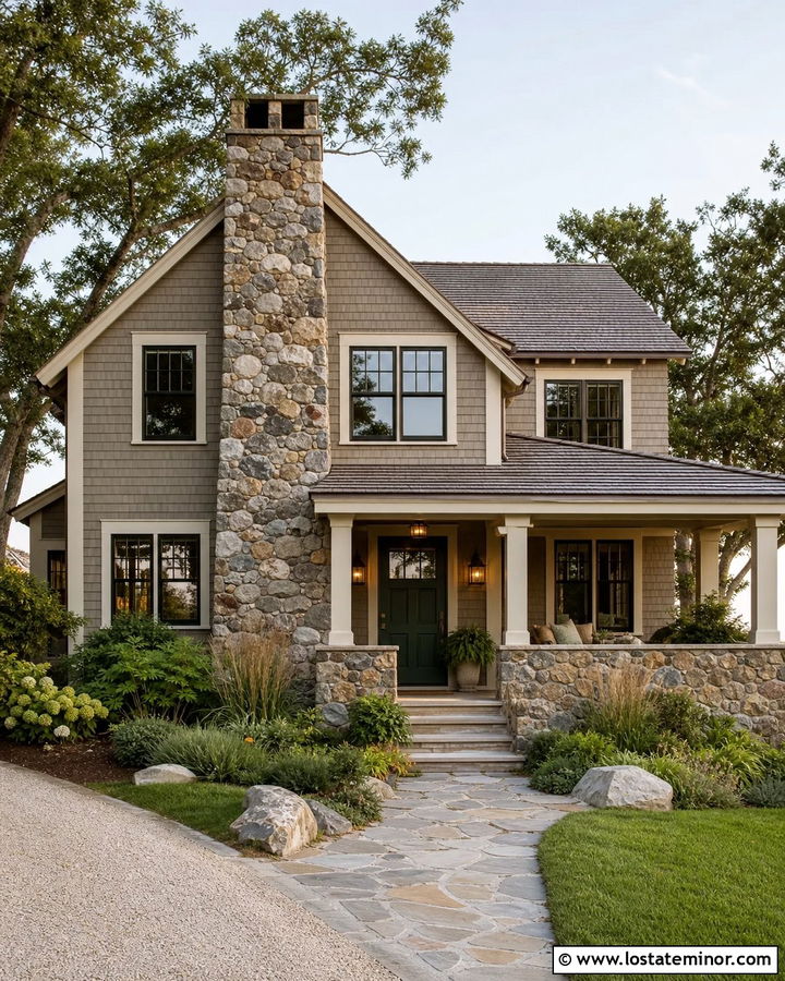 Taupe Shingle House With Fieldstone Chimney - 30 Taupe House Design With Chimney Ideas