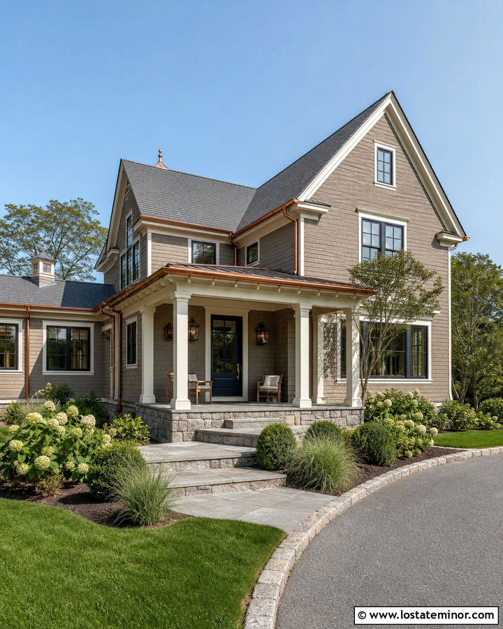 Taupe Shingle House With Granite Walkway - 30 Taupe House Design With Walkway Ideas