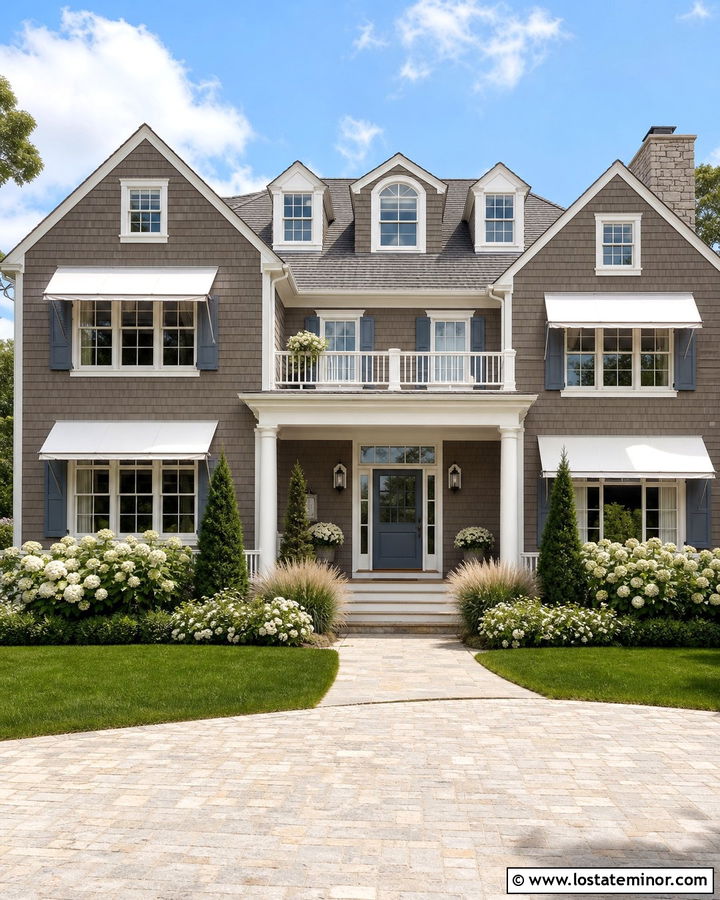 Taupe Shingle House With White Canvas Awnings - 30 Taupe House Design With Awning Ideas