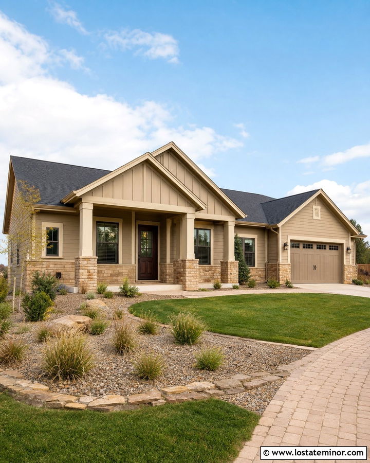 Taupe Siding And Sandstone House - 30 Stone House Design With Siding Ideas