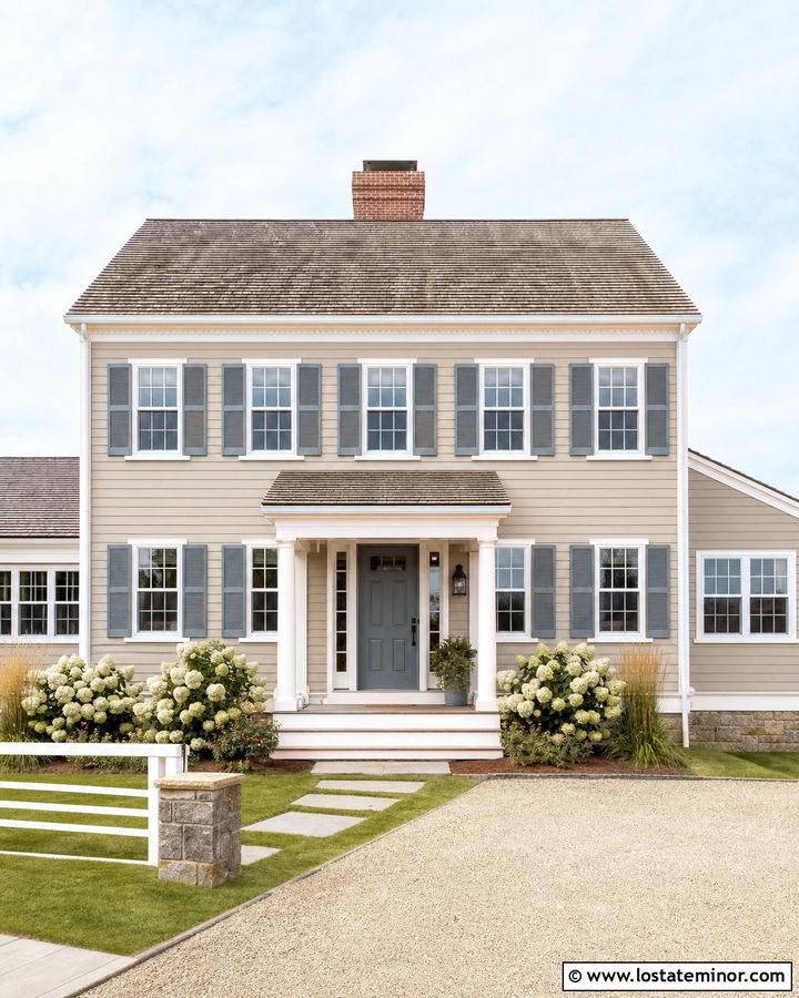 Taupe Siding With Blue Gray Shutters - 30 Taupe House Design With Siding Ideas