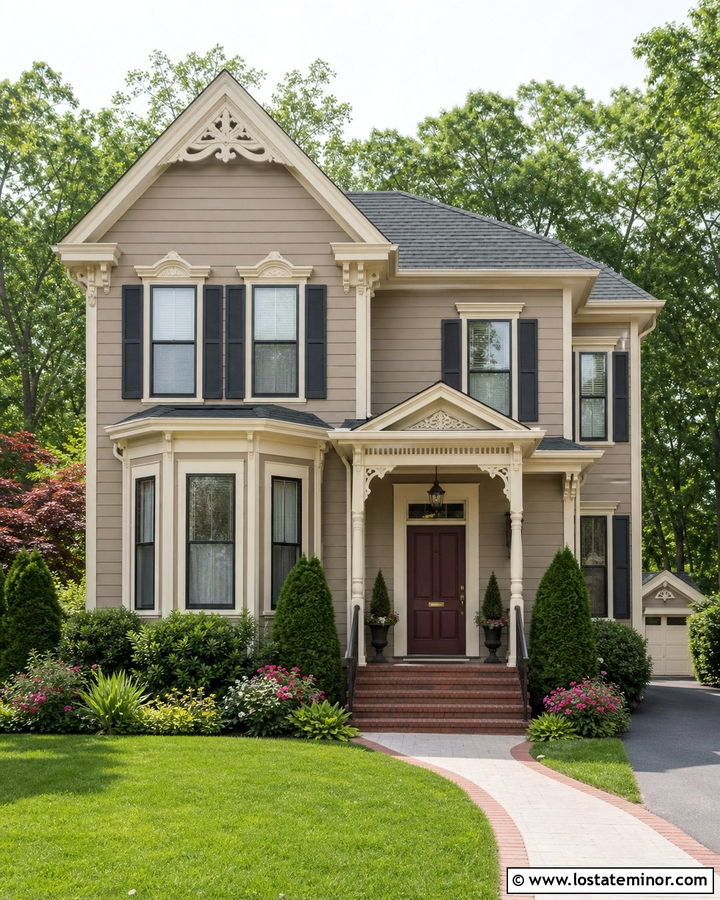 Taupe Siding With Burgundy Door - 30 Taupe House Design With Siding Ideas