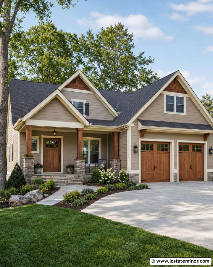 Taupe Siding With Cedar Garage Doors - 30 Taupe House Design With Siding Ideas