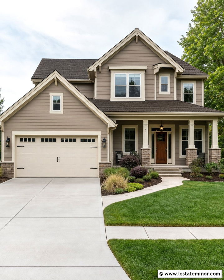 Taupe Siding With Cream Garage Door - 30 Taupe House Design With Siding Ideas