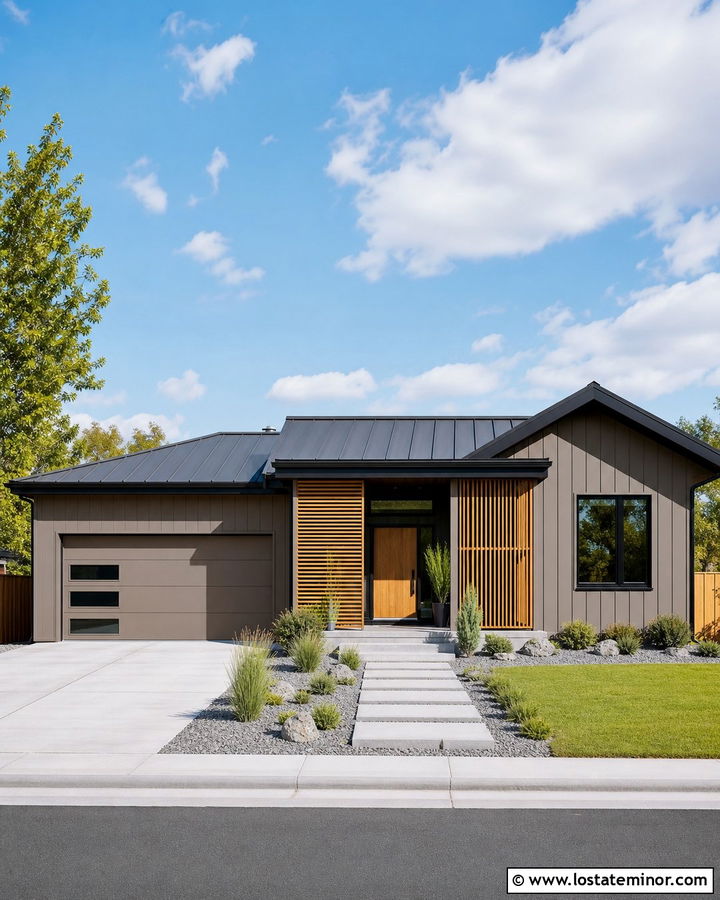 Taupe Siding With Modern Wood Slats - 30 Taupe House Design With Siding Ideas