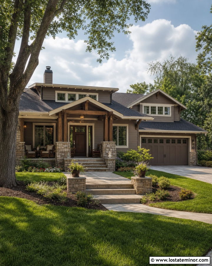 Taupe Siding With Natural Stone Porch - 30 Taupe House Design With Siding Ideas