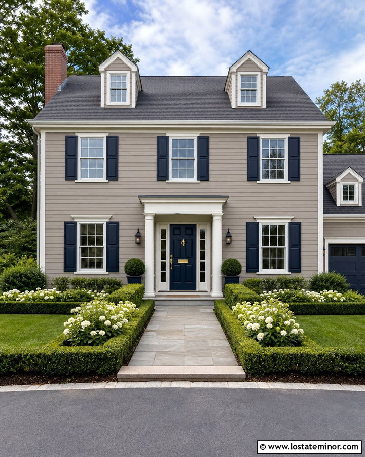 Taupe Siding With Navy Blue Door - 30 Taupe House Design With Siding Ideas