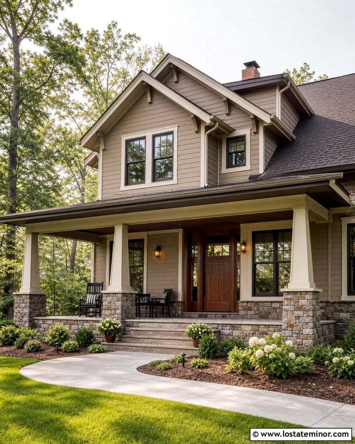 Taupe Siding With Stone Accents - 30 Taupe House Design With Siding Ideas