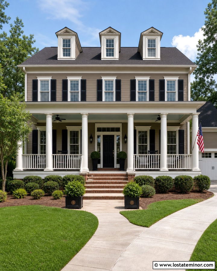 Taupe Siding With White Porch Columns - 30 Taupe House Design With Siding Ideas