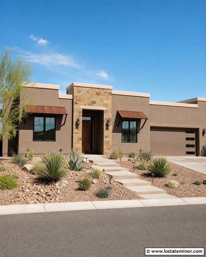 Taupe Southwestern House With Rust Awnings - 30 Taupe House Design With Awning Ideas