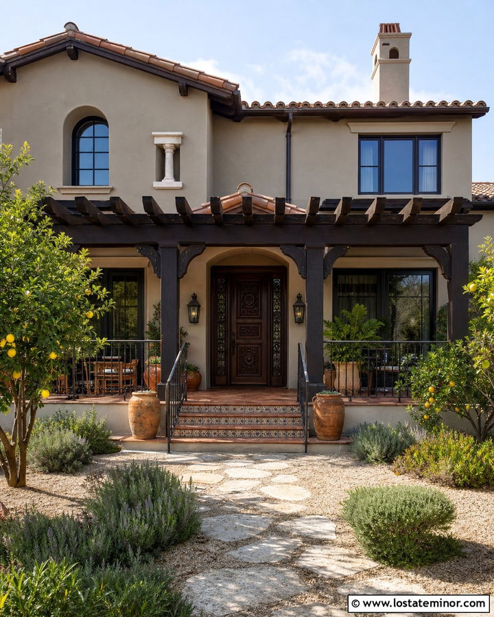 Taupe Spanish House With Dark Wood Pergola - 30 Taupe House Design With Pergola Ideas