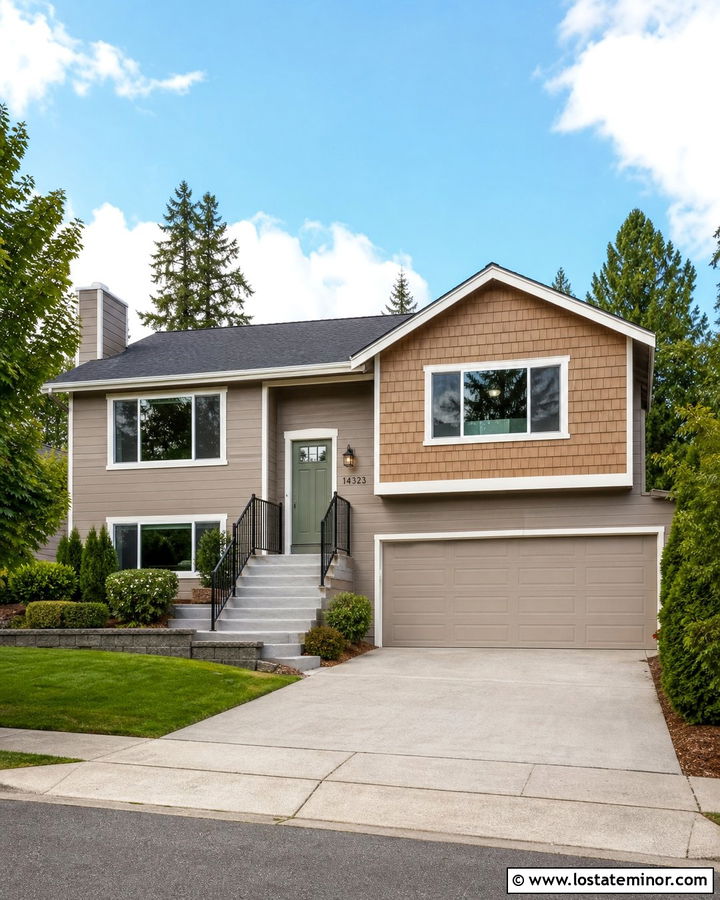 Taupe Split Level House With Cedar Shake Panels - 30 Taupe House Design With Cedar Shake Ideas